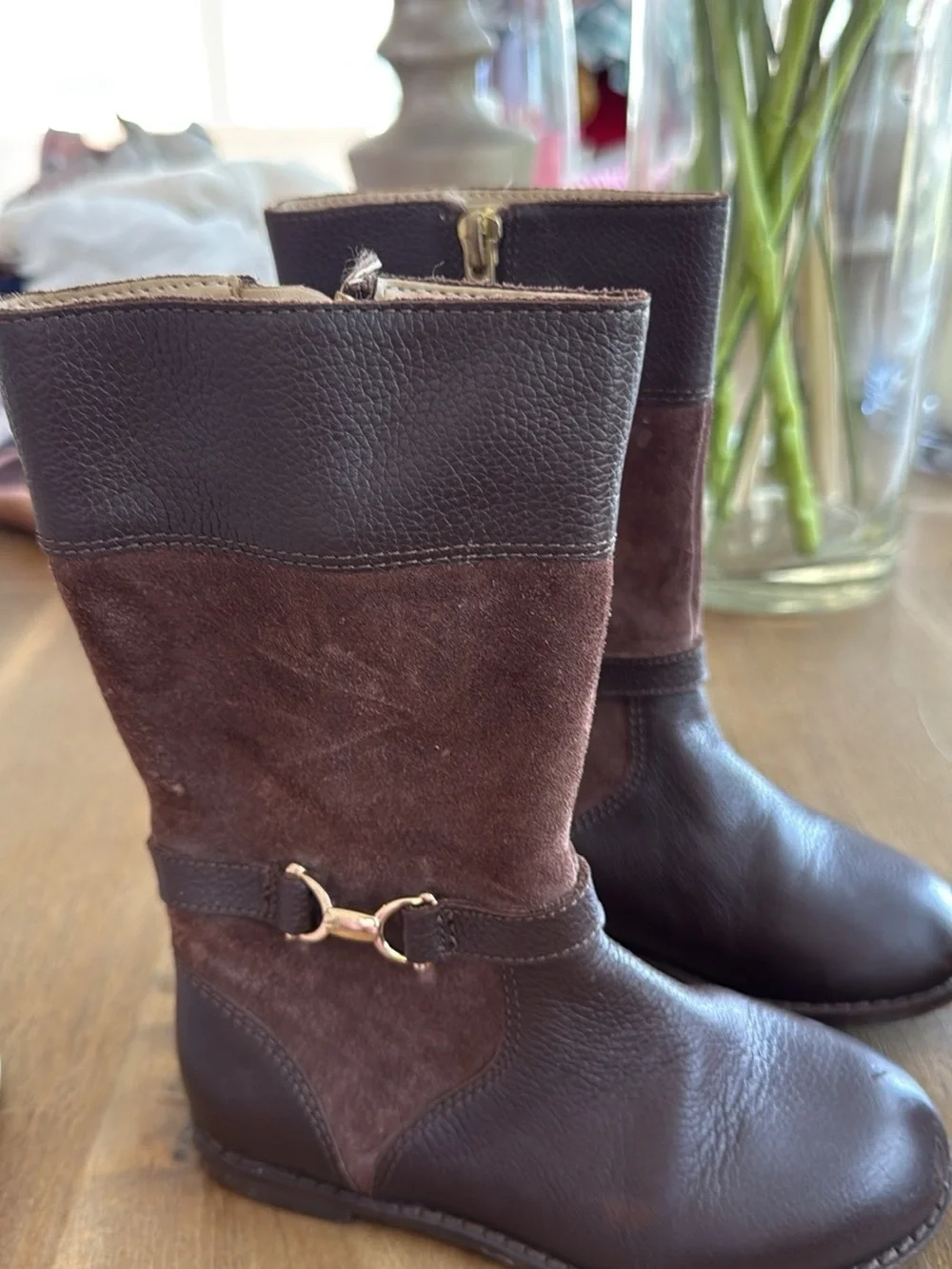 Janie and Jack Brown Leather & Suede Girls Boots with Gold Accent